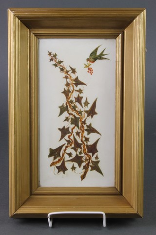 A Royal Worcester style blush porcelain plaque decorated with a bird amongst leaves 10 1/2" x 5 1/2" framed 