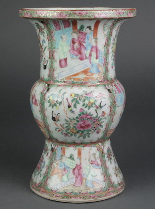 A 19th Century famille rose Gu shaped vase with panels of figures in pavilions alternating with panels of birds amongst flowers 13 1/2" 