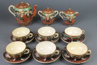 An early 20th Century Satsuma tea set decorated with figures comprising teapot, cream jug, sugar bowl, 6 tea cups, 6 saucers and 6 tea spoons 