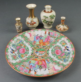 A good early 20th Century Satsuma oviform vase decorated with panels of figures and flowers 2 1/4", 2 similar vases 2 1/4" and 3", a baluster ditto, a late famille rose plate 