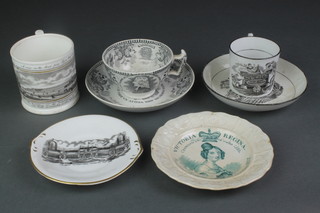 A Princess Charlotte mourning tea cup and saucer, a Victorian commemorative dish, a Great Exhibition mug together with a dish and a transfer print commemorative tea cup and saucer 
