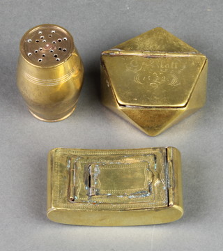 A 19th Century rectangular tobacco box with hinged lid 2 1/2", a shaped brass snuff box 2" and a barrel shaped sander 2" 