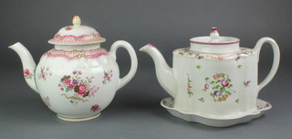 An early 19th Century English quatrefoil teapot with floral decoration 10" together with an ensuite stand 7 1/2" and an 18th Century English bulbous teapot with floral decoration 