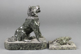 A carved hardstone figure of a seated dog, raised on a lozenge shaped base 5" and a ditto of a toad 4" 