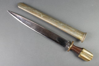 An Eastern dagger with 11" blade, turned wooden grip and steel scabbard 