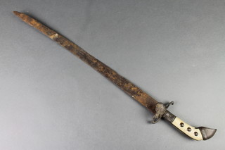 A 19th Century hunting sword with 18 1/2" curved blade, the grip in the form of a hoof, some corrosion to the blade