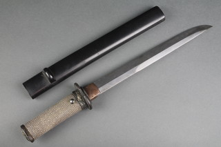 A Japanese Wakizashi with 11" blade and tang, signed both sides and having a bronze tsuba complete with black bamboo lacquered scabbard