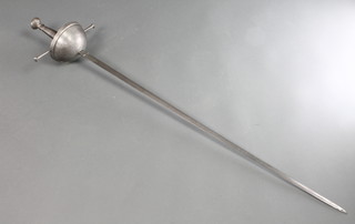 A cup hilted rapier with 34" double edge blade, the cross bar marked 