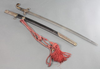 A Mameluke type sword with 261/2" blade, wooden grip and gilt mounted scabbard