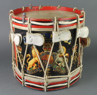 A Royal Navy side drum by A F Matthews, dated 1947 with Royal Coat of Arms and ER cypher, slight dents 14" high 14.5" diameter