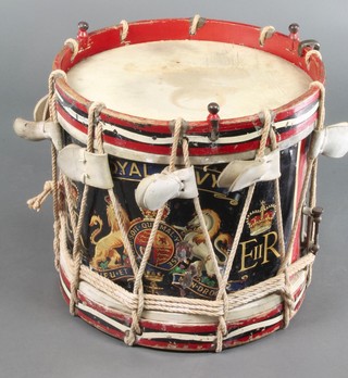 A Royal Navy side drum by A F Matthews, dated 1950 with Royal Coat of Arms and ER cypher, slight dents, the base signed, 14" high 14.5" diameter 