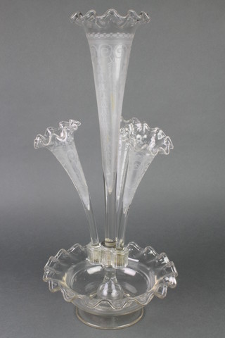 An Edwardian etched glass 4 section epergne with a wavy topped base 