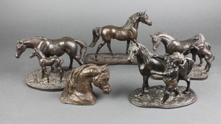 A bronzed figure of a walking Arab horse, on an oval naturalistic base 6", 2 ditto mares and foals 4", a head and shoulders portrait of a horse 3 1/2" and a spelter figure group of standing child and horse 6" 
