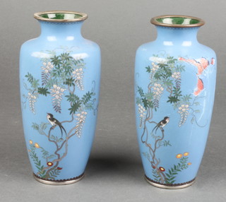 A pair of Japanese blue ground and floral patterned cloisonne vases decorated birds 6" 