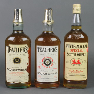 Two 1 litre bottles of Teachers Whisky, a 1 litre bottle of Whyte Mckye Special Scots Whisky