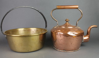 A Victorian copper kettle 8", a brass preserving pan with iron handle 14 1/2" 