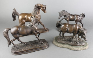 After W French a bronzed figure of a walking stallion on an oval base 9" (tail f and r), 2 bronzed figures of walking horses 7" and 8" and 1 other figure of a mare and foal raised on a slate base 5" 