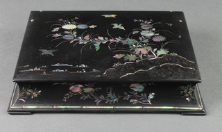 Jennings & Bettridge a Victorian cushion shaped papier mache box with hinged lid decorated flowers and birds, raised on bracket feet 2 1/2"h x 11"w x 10"d 