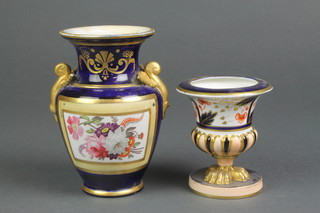 A Davenport Imari pattern urn 3 1/2" and a Paris porcelain vase decorated with panels of flowers 5 1/2" 