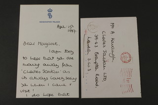 Diana Princess of Wales, a handwritten letter on Kensington Palace notepaper dated 15 April 1987, signed Take care, yours sincerely Diana together with a franked envelope