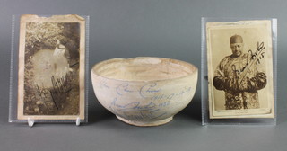 Oscar Asche and Lily Brayton,  a signed circular pottery bowl 6" (with some chips), used on set during the run of the musical Chu Chin Chow,  together with 2 signed postcards of Oscar Asche and Lily Brayton 