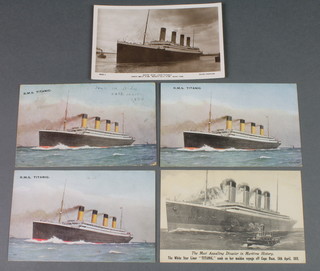Titanic, 3 J Salmon coloured postcards, 1 with ink to the front Loss of 16,000 lives, a Rotary black and white postcard Titanic marked 3722 and Valentine Series a black and white postcard "The most appalling disaster in maritime history" 
