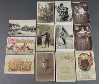 C W Faulkner, coloured Louis Wain postcard "Wheelbarrow Race" and 11 military related postcards 
