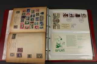 A Mercury blue stamp album containing 5 penny reds and other GB and World stamps together with a brown album of various first day covers