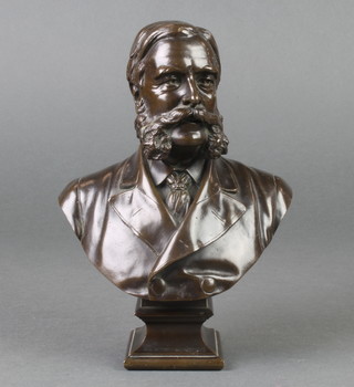 T Brock A.R.A.Sc, a Victorian head and shoulders bronze portrait bust of a whiskered gentleman in a double breasted jacket, raised on a square base 7 1/2" 