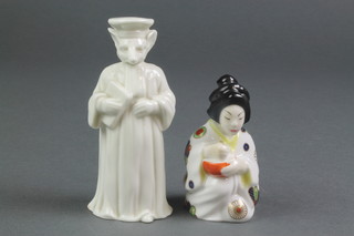 A Royal Worcester candle snuffer - Japanese girl 3" and 1 other in the form of a white glazed gowned gox 4" 