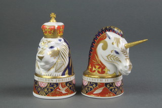 2 Royal Worcester Imari pattern candle snuffers - Queen Elizabeth II Golden Jubilee 1952-2002 in the form of a unicorn 3 1/2" and ditto lion 4" 