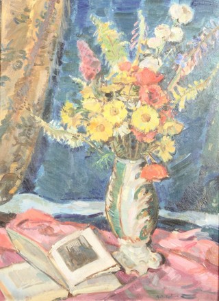 20th Century oil painting on board, still life study of a vase of flowers and an open book on a table, indistinctly signed, 23 1/2" x 17" 