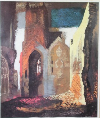 John Piper, print, ruined church view, unsigned 23" x 19 1/2" 