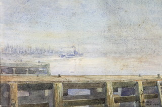 J L Kirk, October 1906, watercolour, a harbour study with a steamer leaving port, signed and dated 6 1/4" x 9 1/4" 