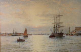 G S Walters 1908, watercolour drawing, an extensive port scene with rowing boats, fishing boats, ships and steamers, signed and dated 19 1/2" x 29 1/2" 
