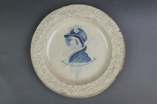 A rare early 19th Century creamware commemorative dish - Long Live Queen Caroline, the blue transfer enclosed in a formal scrolling floral border 7 1/2" 