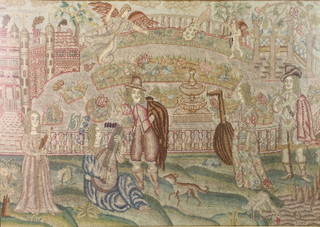 Embroidery, an Elizabethan style embroidery of figures in an extensive country house garden, with gilt slip in an oak frame 19" x 27" 
