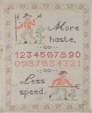 An early 20th Century sampler with script, numbers and figures in a geometric border
