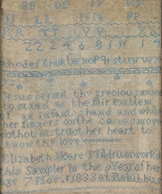 Victorian sampler, alphabets and script, dated 1833, frame 13" x 11" 