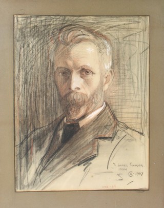 S C 1907, mixed media, portrait study of James Grigor, 20" x 15" together with a signed illuminated address acknowledging the sitters retirement from the Glasgow School of Art  