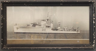 A black and white photograph HMS Intrepid dated 1938 together with an oil on board study of same and a framed watercolour HMS Hood 