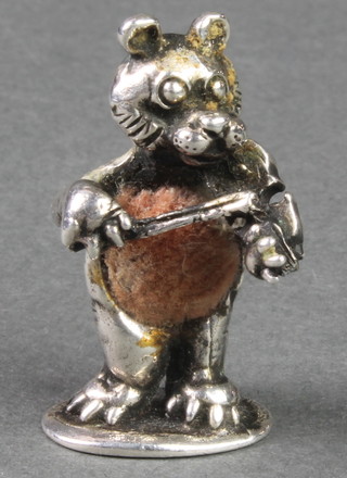 A Continental silver novelty pin cushion in the form of a bear playing a violin 1" 