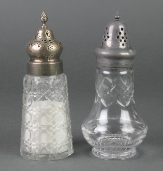 A Victorian silver mounted cut glass sugar shaker, Chester 1900 together with a plated ditto