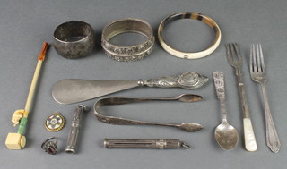 A silver napkin ring, a ditto bangle and minor items