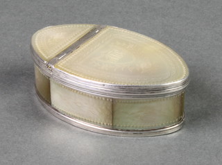 A 19th Century Continental oval silver mounted mother of pearl snuff box with floral decoration and monogram 2 1/2" 