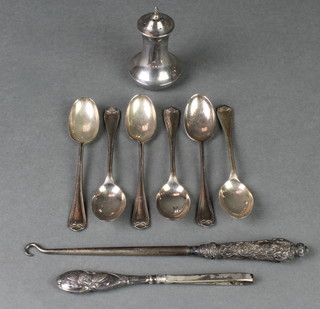 A silver condiment and minor silver spoons etc 