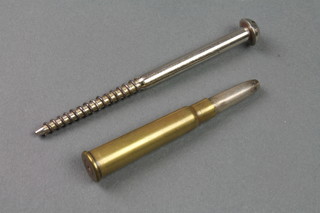 A novelty plated propelling pencil in the form of a screw together with a bullet cased pencil 