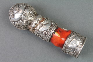 A Persian silver coloured desk seal with coral mount 3 3/4" 