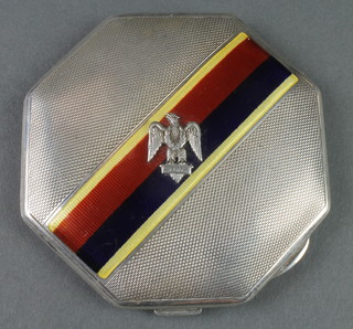 A silver octagonal engine turned and enamelled Royal Scots Dragoon Guards compact, Birmingham 1936, 92 grams 