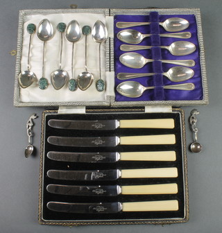 6 Chinese silver tea spoons with hardstone handles, 2 salt spoons and 2 cased sets